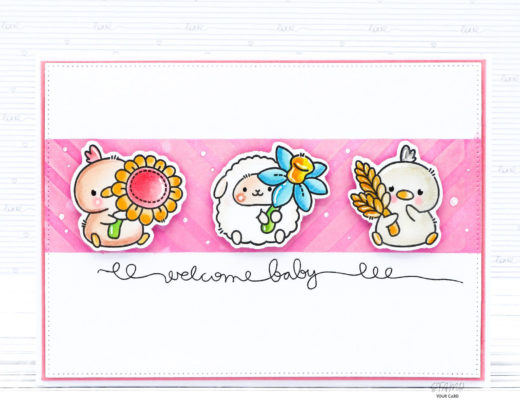 DIY Babykarte in weiß rosa mit Schäfchen, Küken und Spruch welcome baby